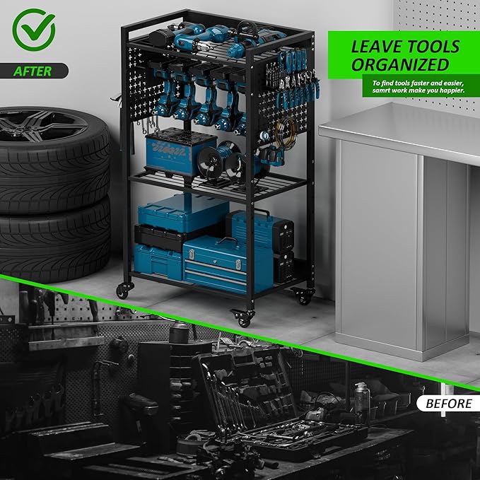 Power Tool Organizer Cart, Rolling Tool Drills Holders Storage Rack on Wheels, 38 inch Black Utility Cart for Garage Workbench, Warehouse, Gift for Husband