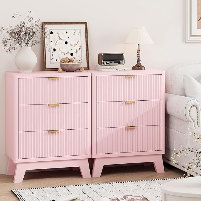 Fluted Nightstand with 3 Storage Drawers, 24" Wide Wood Bedside Table with Mental Handle, Mid Century Modern Wooden Side Table Night Stand, Curved End Table for Bedroom, Living Room, Pink