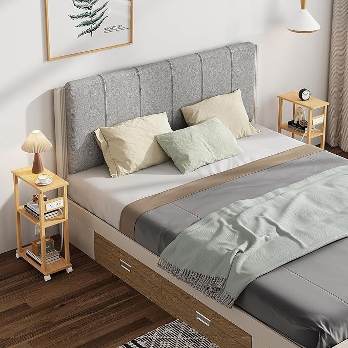 TUTOTAK Small Narrow Side Table with Charging Station, Skinny End Table for Small Spaces, Slim Nightstand with USB Ports and Outlet, Sofa Beside Table with Wheels, Natural TB01BN047
