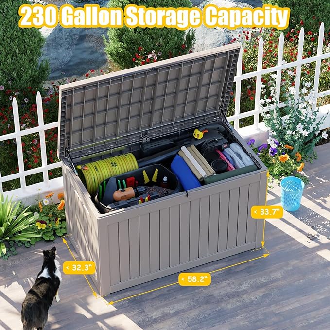 280 Gallon Resin Deck Box, Lockable Outdoor Storage Box for Patio Cushions Storage Furniture,Garden Tools, Pool Supplies, Weatherproof and UV Resistant（Grey）