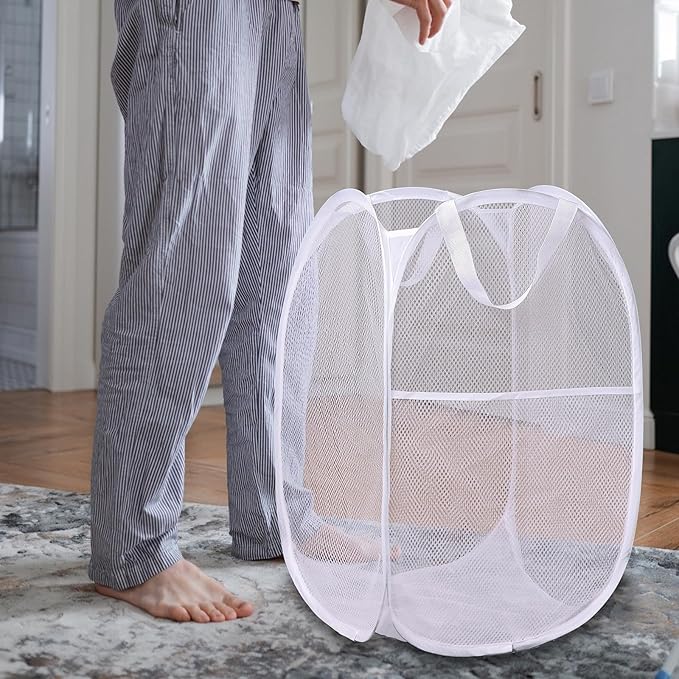 Foldable Mesh Popup Laundry Hamper,Laundry Basket Easy to Open and Fold for Dorm,Travel, College Dorms, and More (2 white)