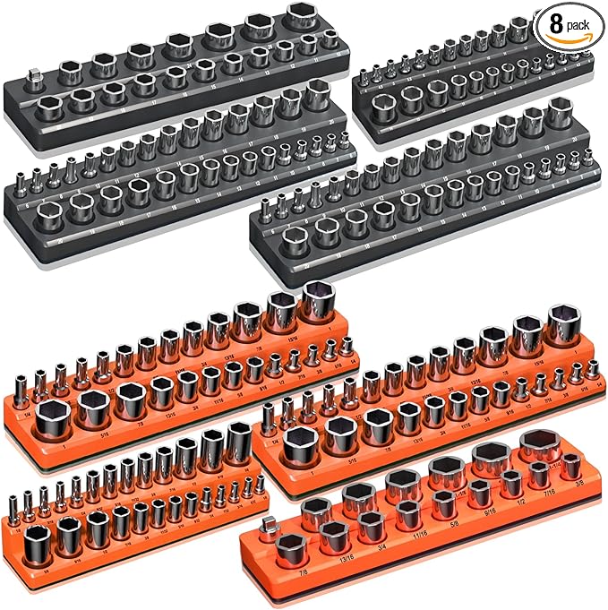 Magnetic Socket Organizer Holder Set – 8-Piece Tool Organizers Including 1/4", 3/8" and 1/2" Drive Socket Holder Metric & SAE 207 Pieces Socket Trays (Sockets are not Included)