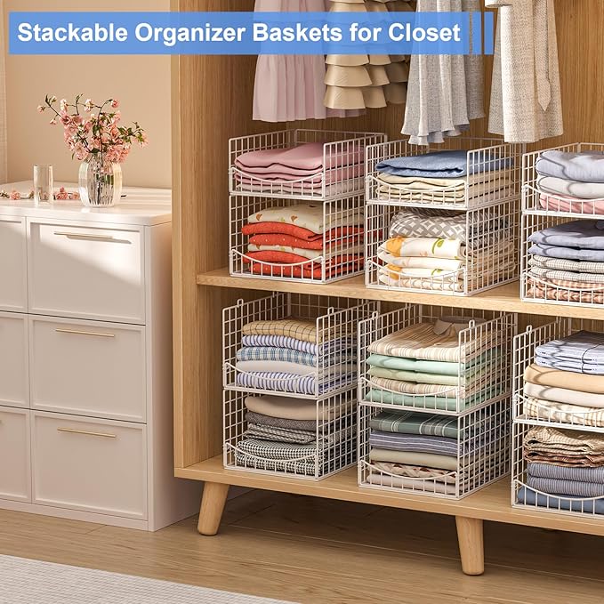 4-Tier Stackable Closet Organizers and Storage Shelves, Foldable & Mutifunctional Clothes Storage Basket Sweater Organizer Bins Container for Wardrobe Bathroom, White (Patent Pending)