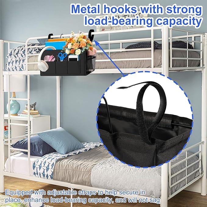 2Pcs Bedside Caddy Oxford Cloth Bedside Storage Organizer Large Capacity Hanging Storage Bag with Metal Hook Adjustable Strap Foldable Bedside Organizer
