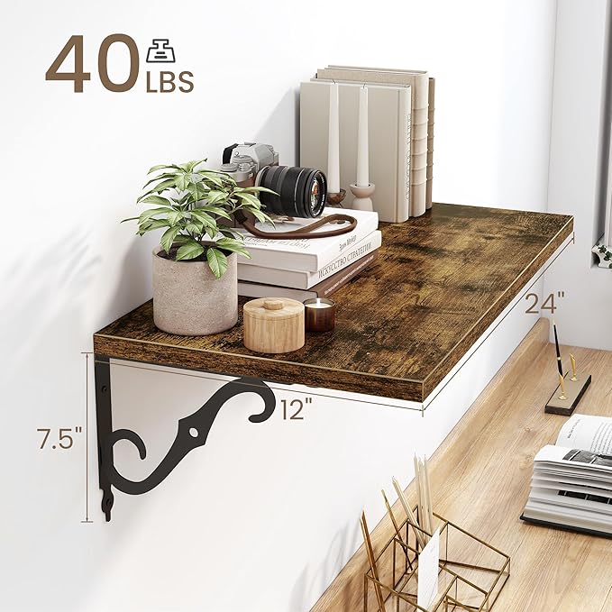 Floating Shelves for Wall, 24"W x 12"D Wall Shelves, 12 Inch Deep Floating Shelf with Bracket, 24 Inch Floating Shelves for Living Room and Bathroom, Display & Storage Shelves, Rustic Brown, Set of 2