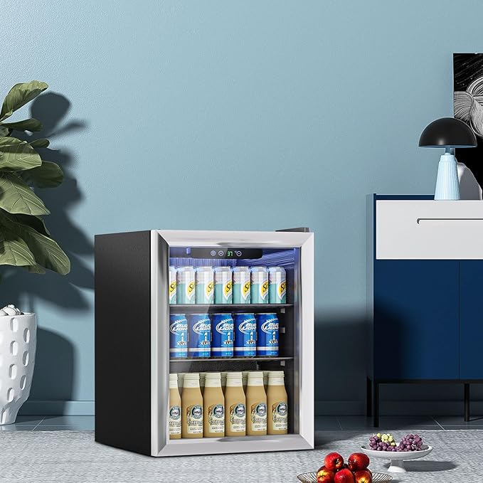 1.7 Cu.Ft Mini Fridge for 76 Cans, Beverage Refrigerator with Glass Door and Digital Display, Small Drink Fridge for Soda, Beer, or Wine, Adjustable Shelves, Compact Fridge for Bedroom Office