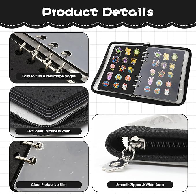 Enamel Pin Display Book - Portable 6 Pages A5 Enamel Pin Collection Holder Trading Book for Storing Pins Brooches Patches, Pin Storage Organizer for Travel Collectors (Black)