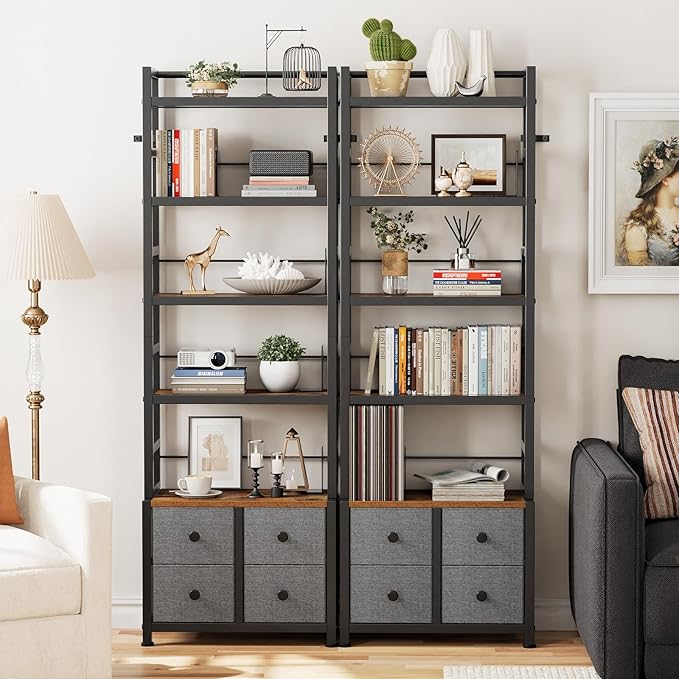 5 Tier Bookshelf, Modern Bookcase with Bookends and 4 Drawers Storage Organizer, Metal Industrial Display Shelf, Free Standing Storage Shelving Unit for Bedroom, Living Room and Home Office