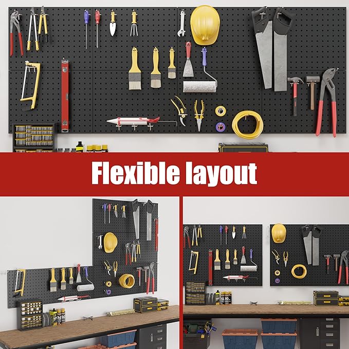 Peg Board 8 Pack Metal Pegboard Panels with 50 Hooks, Heavy Duty Pegboard Wall Organizer, Black Pegboards for Workbench, Garage Tool Storage, Office Organization, Kitchen, Craft Room