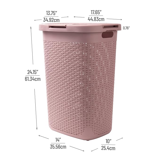 Mind Reader Slim Laundry Hamper with Lid, 60L Clothes Basket, Premium Wicker Design, Plastic, Pink