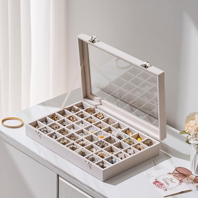 48 Grid Earring Organizer and Storage: Velvet Jewelry Tray with Lid, Jewelry Box for Studs, Earrings, Rings, Necklaces, Dresser & Vanity, Earrings Case for Girls, Women, Beige