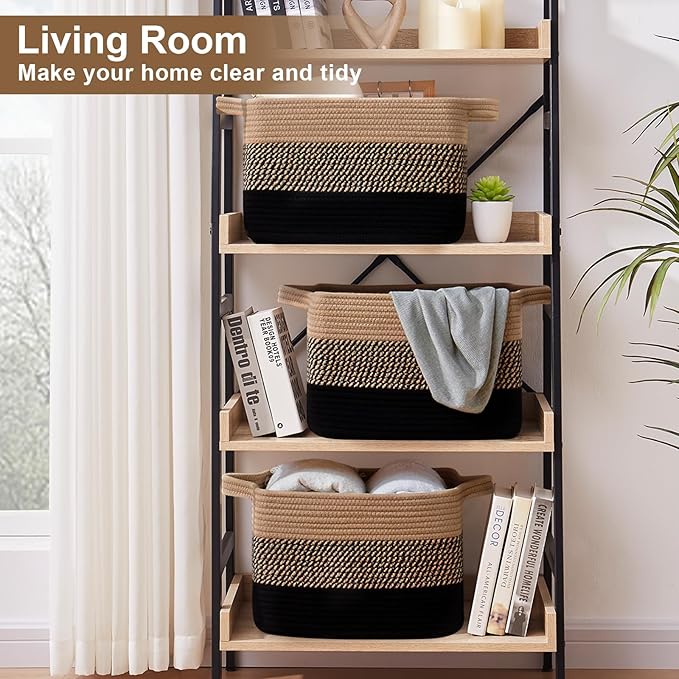 Storage Basket for Organizing, Woven Baskets for Storage, Rectangle Decorative Baskets for Shleves, Closet, Toys, Books, Nursery Organizer Bins - Pack of 3 (Black & Brown, 15.75"x11.8"x9.85")