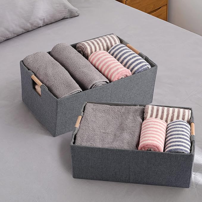 Fabric Storage Bin 3 Pack Foldable Cotton Linen Storage Basket with Wooden Handles Rectangular Cube Box – Gray, Small