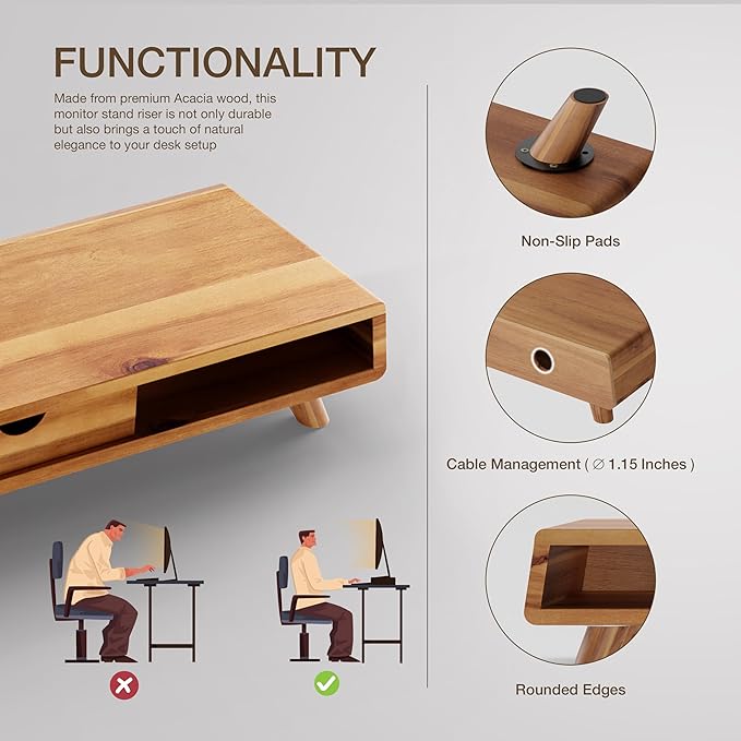 TINAMO Acacia Wood Monitor Stand with Drawer - Wooden Monitor Riser for Desk - Computer Monitor Stand for Desk - Multi-Purpose Desktop Storage Stand for Computer; Laptop; Printer; TV - 24.4 " x 8" x 5" (Patent Pending) (Acacia, 24.4 " x 8" x 5")