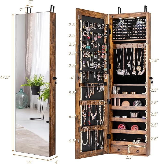 HAPPYGRILL Over the Door Jewelry Organizer, Hanging Jewelry Storage Cabinet w/Full-Length, Inner Makeup Mirror, Earring Shelves, Ring Slots, 25 Necklace Hooks, Wall Mounted Jewelry Armoire for Women