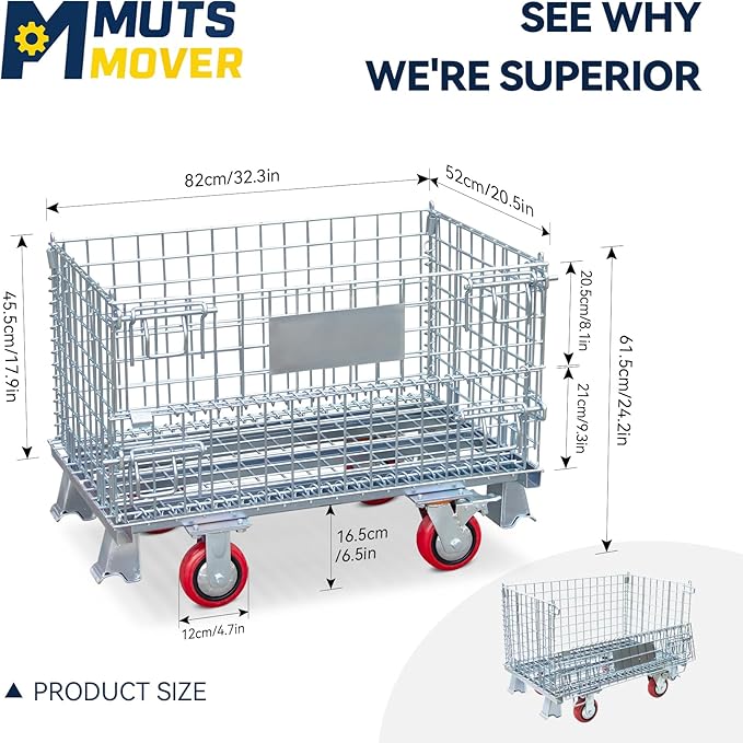 50-Gallon Folding Wire Laundry Cart with Wheels, Heavy Duty Steel Frame Rolling Laundry Basket with 4.7" 360° Casters, Collapsible Commercial Laundry Hamper for Home, Hotel & Housekeeping