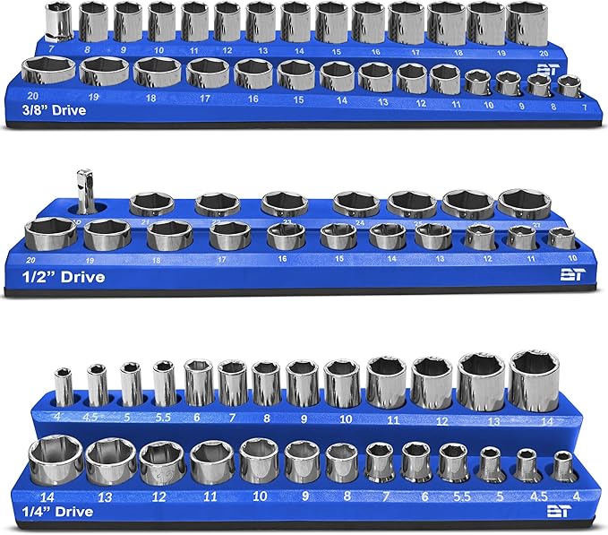 Magnetic Socket Organizer Set -3 Piece Metric Magnetic Socket Holder Set Blue - 1/2-inch, 3/8-inch & 1/4-inch Drive, Holds 75 Sockets, Professional Grade Socket Tray Organizer. NEW VERSION