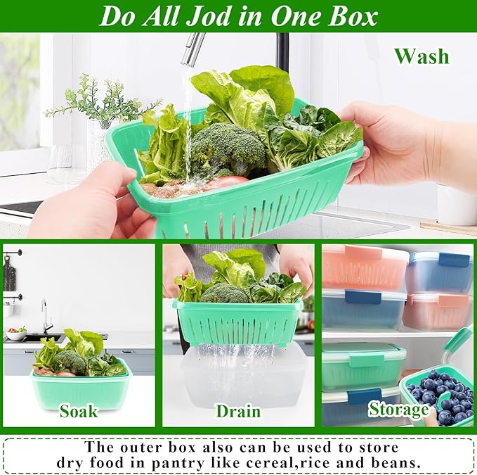 68oz Berry Keeper Fruit Storage Container for Fridge, Fresh Food Produce Saver Containers with Removable Drain Colander, Vegetable Lettuce Keeper Bowl, Refrigerator Organizer, PRESS TO OPEN CLOSE LID