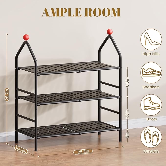 Shoe Rack, 3-Tier Shoe Organizer, Metal Storage Shelf, Shoe Rack for Closet, Free Standing Shoe Racks for Entryway, Garage & Doorway, Sturdy Shoe Shelves, Black