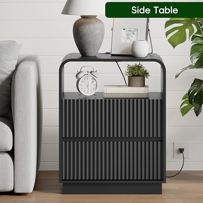 Black Nightstand with Charging Station, Mid Century Modern Bedside Table & End Table, Fluted Wood Small Night Stand with 2 Hidden Drawers and Storage Shelf for Bedroom