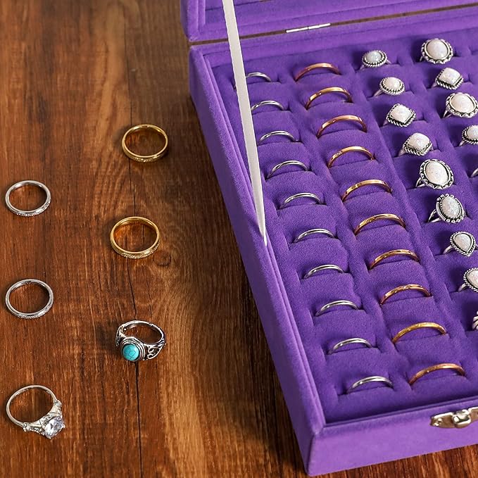 Frebeauty Ring Organizer Tray 100 Slots Ring Holder with Clear Lid Velvet Storage Box Jewelry Tray for Jewelry Store Earring Display Case for Jewelry Show Studs Box for Women(Purple)