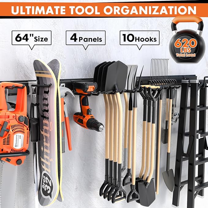 64 Inches Garage Storage, Garage Organization, Wall Mount Garden Tool Organizer, Max 620lbs Adjustable Metal Hooks, Yard Shed Rack, Tool Holder for Hanging Rake Broom Mop Snowboard