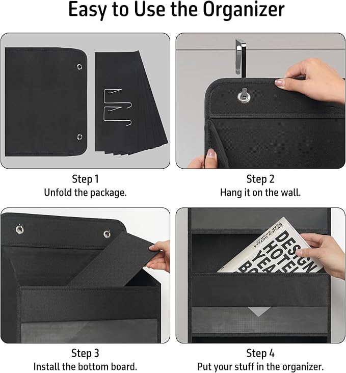Over The Door Hanging Organizer with 4 Large Pockets – Closet, Bathroom, Nursery, Bedroom, Dorm Storage for Toys, Cosmetics, and Baby Essentials, Black