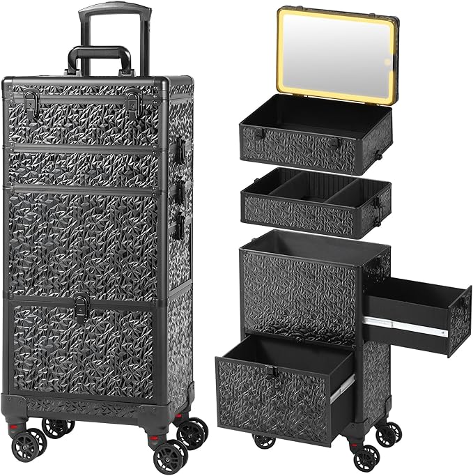 Rolling Makeup Case with Lighted Mirror, Makeup Train Case with Large Drawer, Cosmetology Case, Travel Makeup Organizers, Professional for Salon Barber, Nail, Tattoo, Black