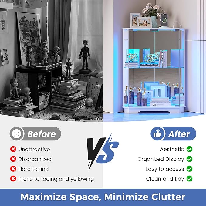 Corner Display Cabinet with Glass Doors, Small Display Case with 3-Color LED Lights and Charging Station, 2-Tier Curio Cabinet with Storage and Shelf, White