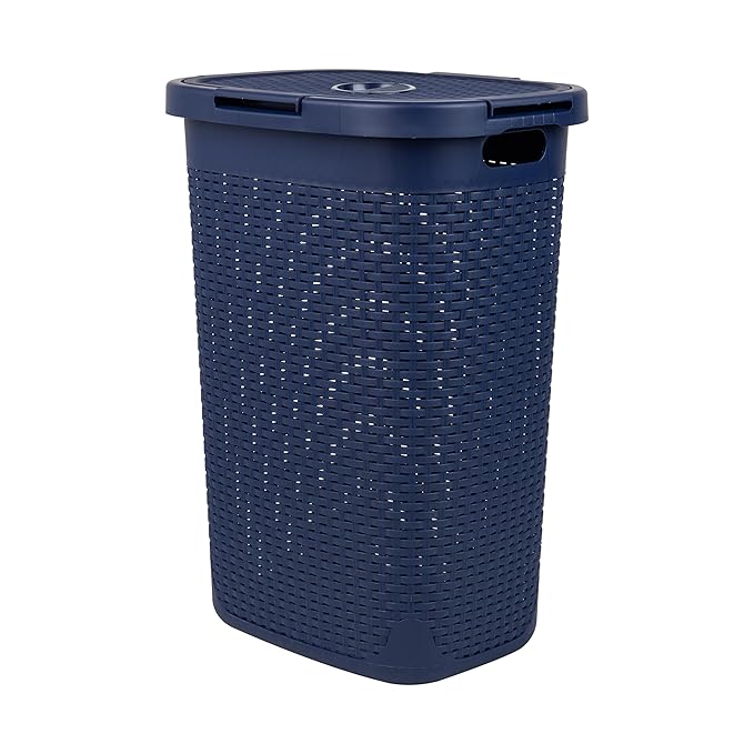 Mind Reader Slim Laundry Hamper with Lid, 60L Clothes Basket, Premium Wicker Design, Plastic, Navy