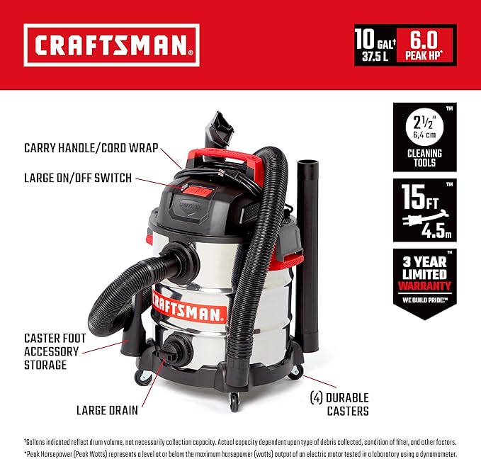 CRAFTSMAN CMXEVBE17155 10 Gallon 6.0 Peak HP Stainless Steel Wet Dry Vac, Portable Shop Vacuum Wet and Dry with Filter, Dust Bags, Hose and Attachments for Home and Garage Use