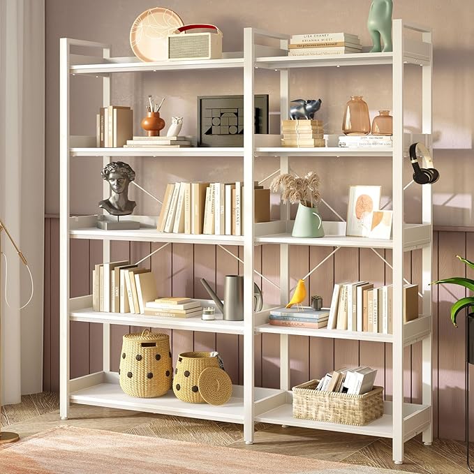 Rolanstar Bookshelf 5 Tier with 4 Hooks, Reversible Corner Bookshelf, 65" Industrial Wooden Bookcase with Open Shelves and Metal Frame for Living Room, Bedroom, Home Office, White