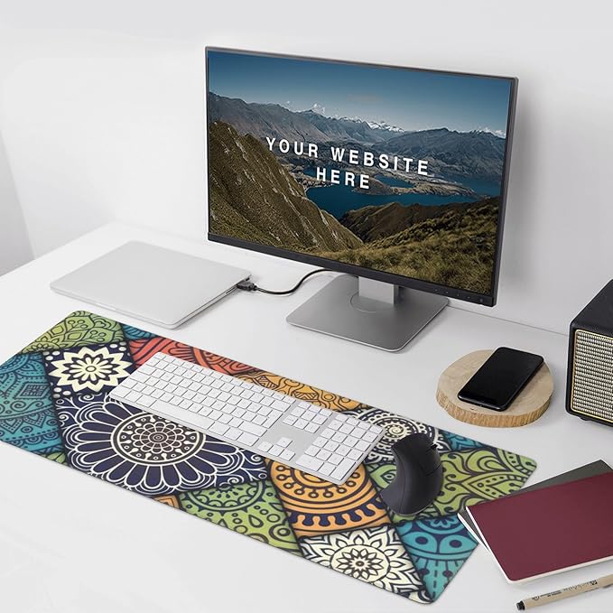 Bohemian Mandala Tile Large Mouse Pad, Vintage Aesthetic Gaming Desk Mat, XXL Keyboard Desk Pad Mat for Desktop, 35.4"x15.7" Non-Slip Base Big Mousepad with Stitched Edges