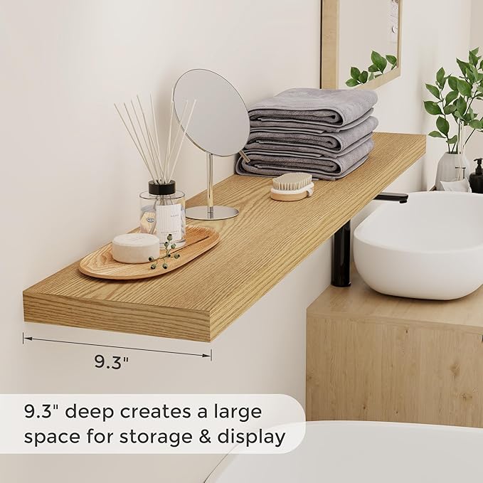 48 Inch Floating Shelves, 9.3 Inch Deep Floating Shelf for Wall, Rustic Wood Wall Shelves 48 x 9.3 x 1.5, Large Bathroom Shelf 48 Inch Long, Deep Shelves for Kitchen, Living Room, Oak Color, 2 Pack