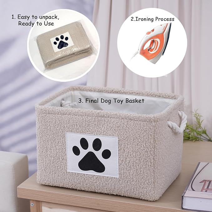 COMFY-HOMI 2Pcs Dog Toy Basket Collapsible Pet Toy Storage Organizer with Handles - Soft Polyester Fleece Fabric Bin Storage Basket for Shelves, Toys Storage and Organization 15"x10.2"x9.5"