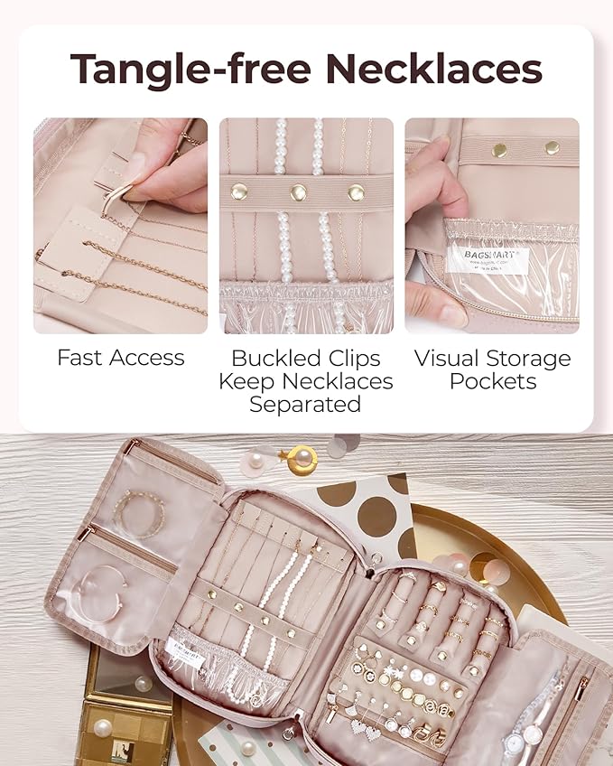 BAGSMART Jewelry Organizer Case Large Travel Jewelry Storage Bag for Necklace, Earrings, Rings, Bracelet, Soft Pink