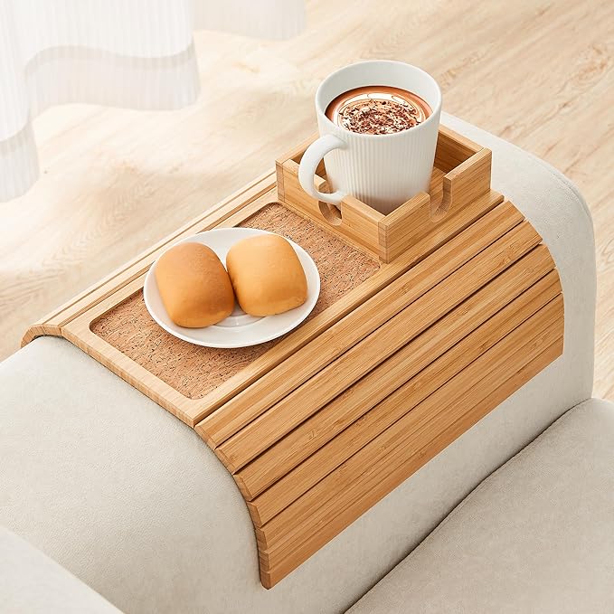 Bamboo Couch Cup Holder, Foldable Sofa Arm Tray, Anti-Slip Couch Aremrest Tray Table for Drink, Cup, Remote, Snacks, Cellphone, Portable, Bamboo/Cork Color