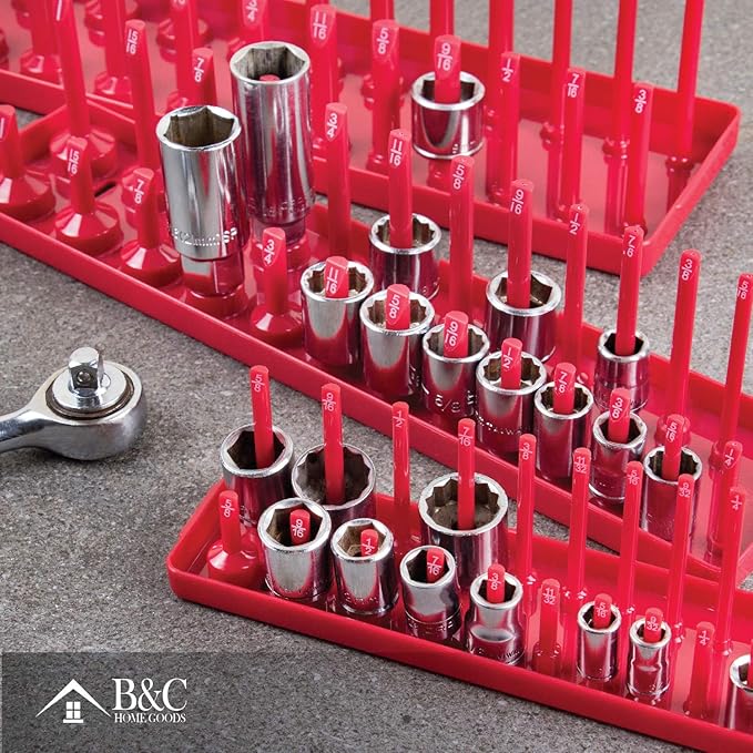 B&C Home Goods Socket Organizers - 6 Piece SAE & Metric Tray Socket Holder - Toolbox Organizers and Storage for ¼, ⅜ and ½ inch Drive Holder for Mechanics