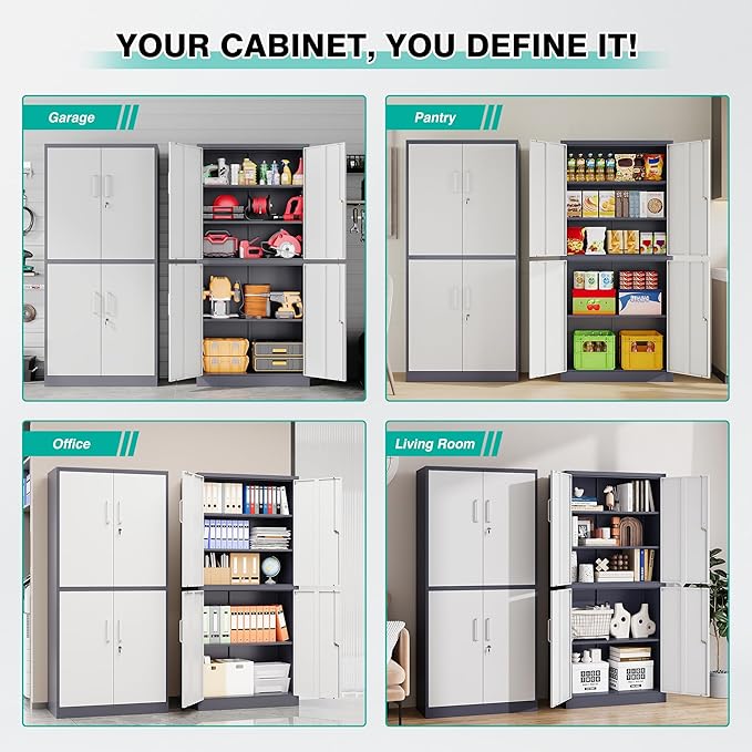 Metal Storage Cabinets with Doors and Shelves,71" Garage Storage Cabinet with Locking Doors,Tall Storage Cabinets with Lock for Home,Office,Gym,Bathroom,Kitchen