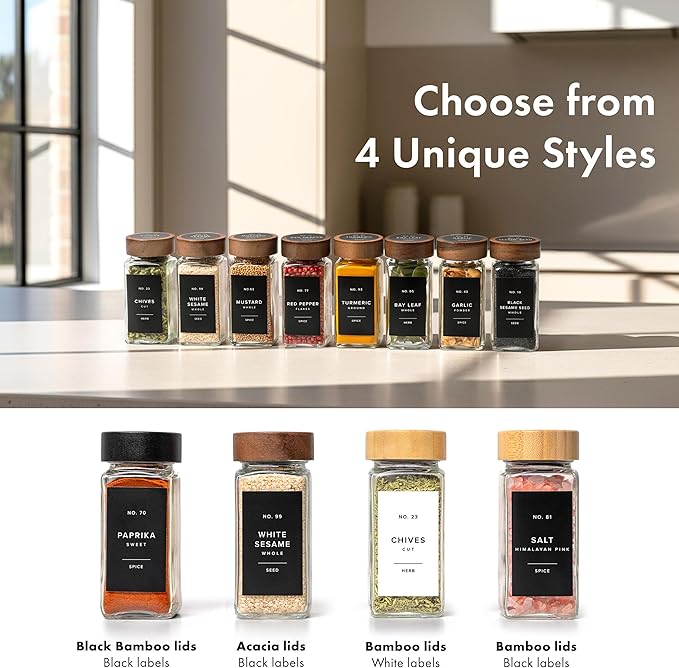 EDELHAUS® Square Spice Jars with Acacia Wooden Lid (Pack of 24) Spice Jars with Shaker Insert and 240 Labels - Acacia Lid Glass Container for Spice Organisation [4.3 in × 1.8 in]