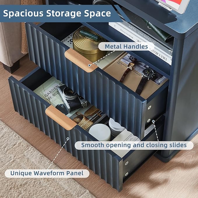 LEYAOYAO Fluted Nightstand Set of 2 with Charging Station,23" Modern Nightstand with Woodgrain Top, 2 Drawer End Table w/Storage, BedsideTables for Bedroom, Living Room, Curved Profile,Blue