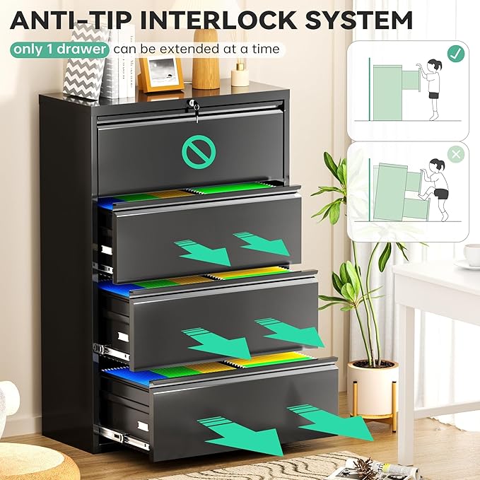 Bonusall 4 Drawer Lateral File Cabinet with Lock, Locking Metal lateral Filing Cabinet for Office Steel lateral File Cabinet, Large Horizontal File Cabinet Locked by Keys-Black