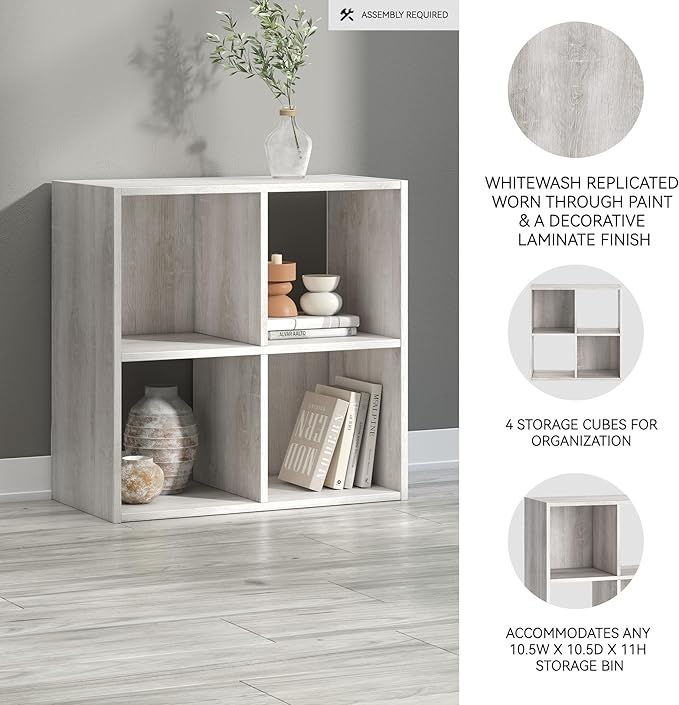 Signature Design by Ashley Paxberry Coastal 4 Cube Storage Organizer or Bookcase, Whitewash