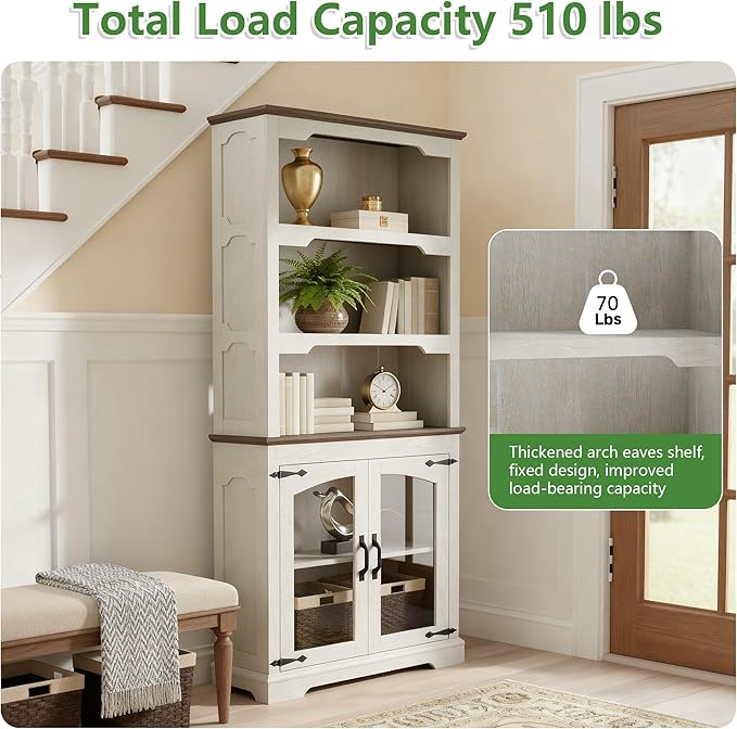 70 Inch Farmhouse Bookcase, Distressed White and Walnut Two-Tone Shelves, 5 Tier Bookshelf with Arched Trim Glass Doors, Living Room Storage Cabinet Unit, 31.5x11.8 Inches (White&Walnut, Glass Doors)