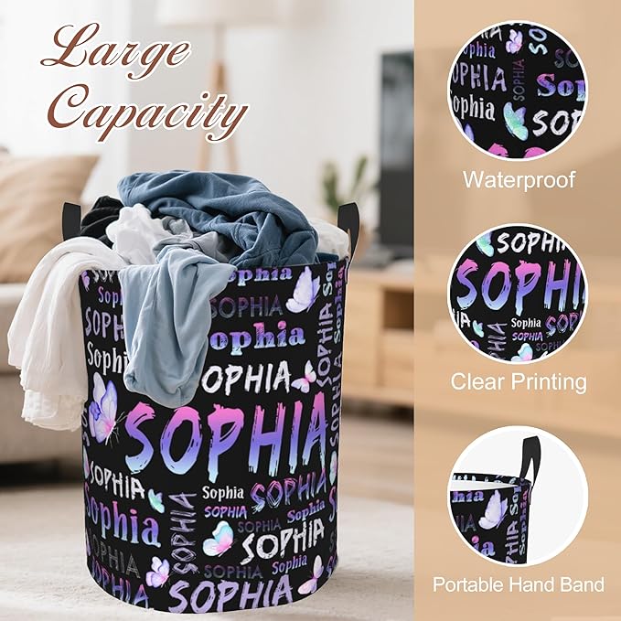Custom Name Laundry Hamper, Personalized Laundry Basket with Name for Boys Girls Kids Men Women, Customized Name Dirty Clothes Basket Gifts for Clothes Toy Bathroom Bedroom Laundry Room Dorm