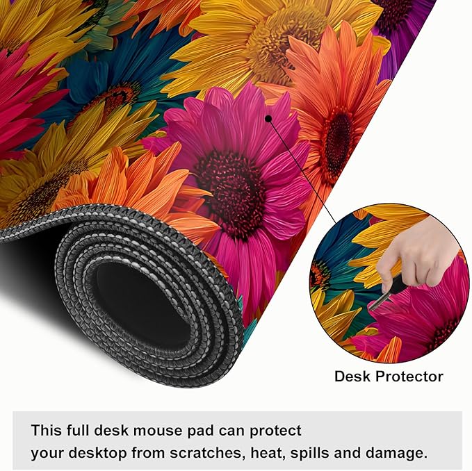 Colorful Floral Mouse Pad – Large Extended Desk Mat 31.5 x 11.8 in– Bright Rainbow Sunflower Design, Non-Slip Rubber Base, Waterproof Surface, Oversized Keyboard & Mouse Pad for Office or Gaming