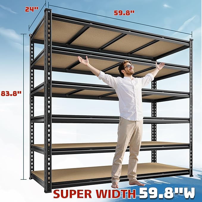 83.8"H Garage Shelving 59.8"W Metal Shelving 3000LBS Storage Shelves Heavy Duty Garage Shelves Adjustable 6 Tier Metal Shelf for Basement Warehouse Pantry Supermarket 59.8"W x 24"D x 83.8"H