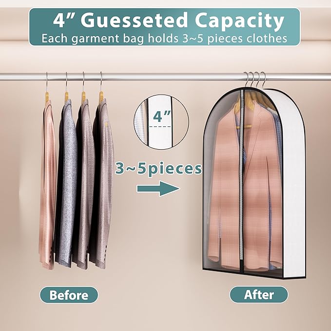 32” Garment Bags for Hanging Clothes 4” Gusseted - with Clear Window, Breathable Fabric, Metal Zipper, Suit Coat Fur Protector for Closet storage, clothes Season Off, Moving, 3 Pack