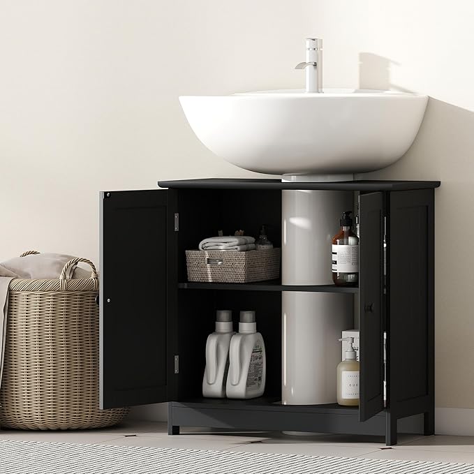 HOMCOM Under Sink Bathroom Cabinet with 2 Doors and Shelf, Pedestal Sink Bathroom Vanity Cabinet, Black