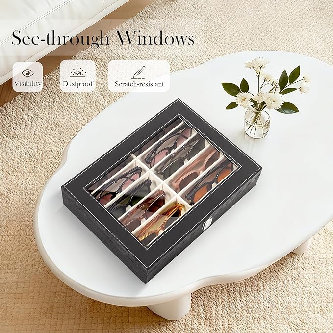Sunglasses Organizer Case with Adjustable Slots, Eyeglasses Display with Lid, Eyewear Storage Box for Large Glasses